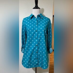 Chico's Non-iron Button Up Roll Tab Sleeve Blue Shirt Shell Print Size 0